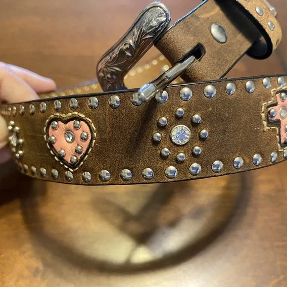 Nocona Brown and Pink Crystal Cross & Hearts Belt Sz 28, Bling Western Gowgirl - Picture 2 of 6